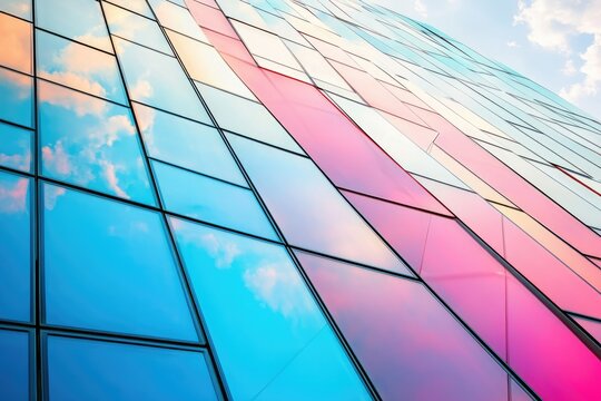 A modern building's colorful glass facade reflects a vibrant sky, showcasing architectural design.