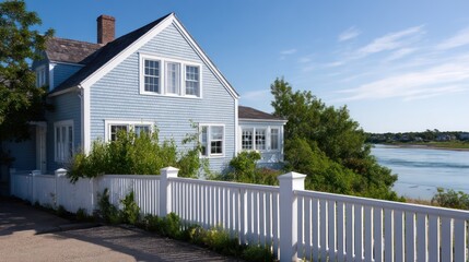 A traditional Cape Cod home with light blue siding white trim surrounded by a white picket fence overlooking