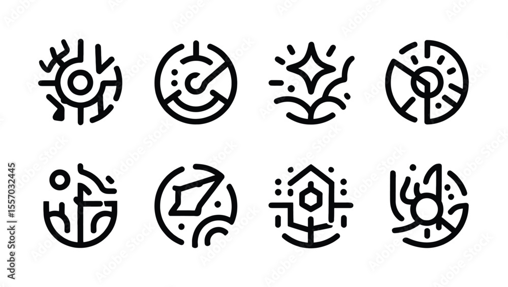 Poster vector art of collection of eight unique circular icons isolated on white background, featuring abst