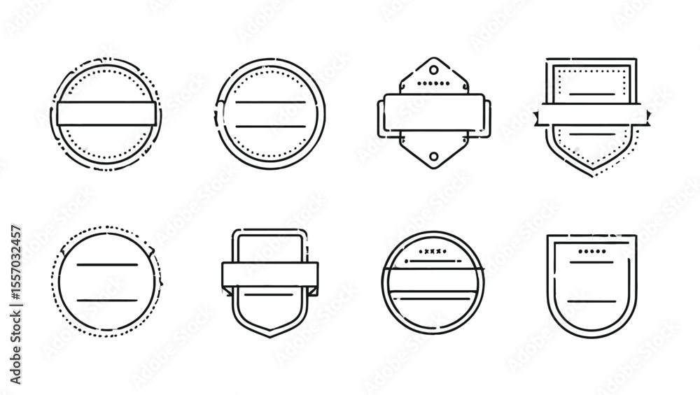 Poster vector art of a collection of eight simple badges and labels isolated on white background, featuring