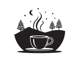 Silhouette of a steaming tea cup in black with rounded shape, minimal flat vector style, warm drink symbol for cafes and relaxation, isolated on transparent PNG background

