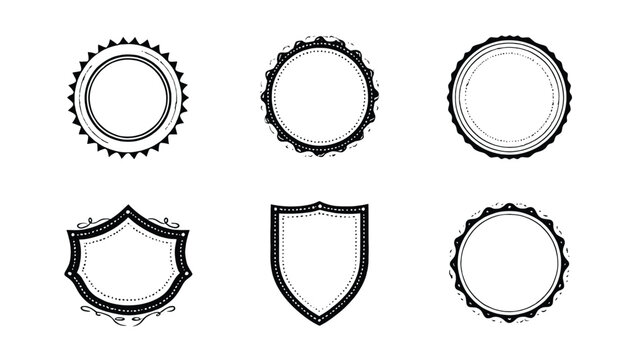 Vector art of set of eight elegant badges and labels isolated on white background, featuring circular and shield shapes with blank spaces for text