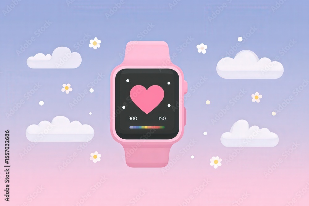 Poster elegant smartwatch displaying heart rate metrics surrounded by whimsical clouds and soft blossoms cr