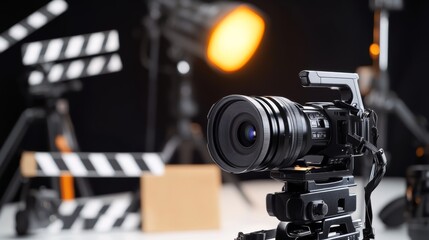 close-up of professional filmmaking gear including RED camera, lenses, clapperboard, on white table,
