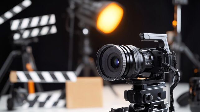 close-up of professional filmmaking gear including RED camera, lenses, clapperboard, on white table,