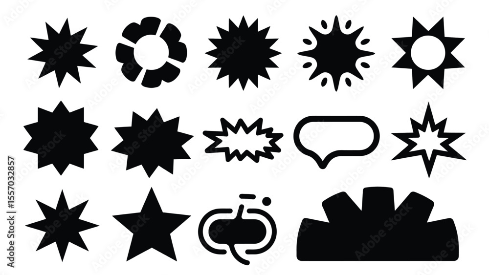 Poster vector art of collection of various black starburst shapes and design elements isolated on white bac