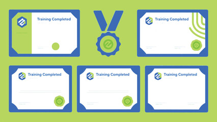 Vector art of six different training certificates templates with a medal, isolated on a light green background