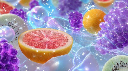 A holographic ad for a tropical smoothie, with glowing fruit visuals, white background