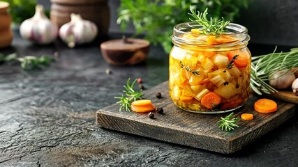 pickled cabbage with carrots in glass jar on dark wooden table video