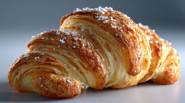 A virtual showcase for a freshly baked croissant, with flaky texture visuals, white background
