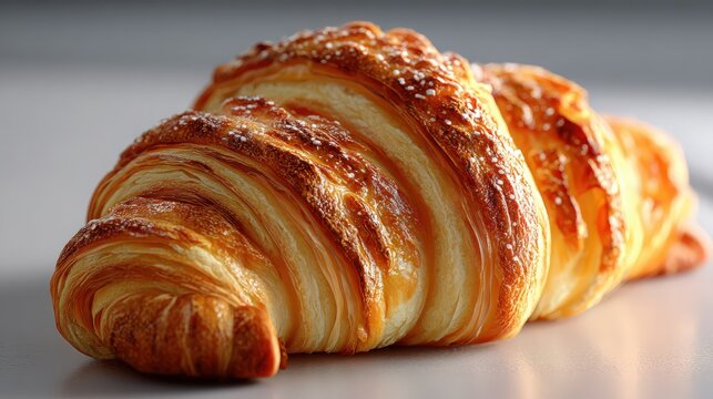 A virtual showcase for a freshly baked croissant, with flaky texture visuals, white background