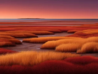 Fotobehang Serene autumn landscape showcasing vibrant fields of golden grasses reflecting on a calm water surface under the twilight sky creating a captivating experience of nature's beauty © Leo Rohmann