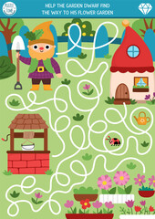 Dwarf maze for kids with garden landscape. Fairytale preschool printable activity with house, well, plants. Woodland fantasy labyrinth game, puzzle. Help the gnome find the way to flowers