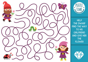 Dwarf maze for kids with cute elf, butterfly, ladybug. Fairytale preschool printable activity. Woodland fantasy labyrinth game, puzzle. Help gnome find way to his girlfriend and give her flower