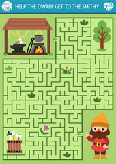 Dwarf geometrical maze for kids with blacksmith. Fairytale preschool printable activity with forge, tools, hammer, chains, anvil. Fantasy labyrinth game, puzzle. Help the gnome find way to smithy