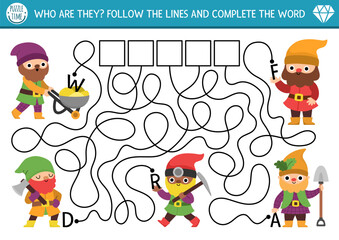 ABC labyrinth game with dwarf. Fairytale alphabet maze activity for preschool kids. Follow lines to find out the name of creatures. Magic creature printable activity with gnomes