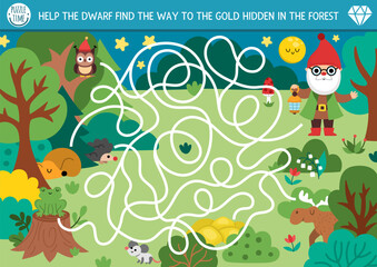 Dwarf maze for kids with night forest landscape. Fairytale preschool printable activity with woods and animals. Woodland fantasy labyrinth game, puzzle. Help the gnome find the way to gold