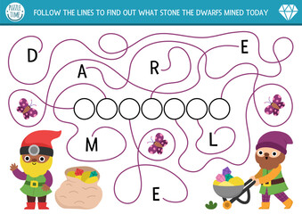 ABC labyrinth game with dwarfs workers, precious stones. Fairytale alphabet maze activity for preschool kids. Follow lines to find out what gem gnome mined. Magic creature printable activity