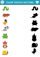 Obraz premium Dwarf shadow matching activity with forest animals and insects. Fairytale puzzle with mole, bird, frog, mouse, snail. Find correct silhouette printable worksheet, game. Magic forest page for kids