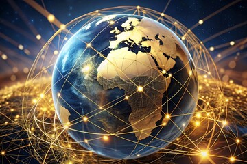 A golden globe of earth is encircled by a network of glowing lines, symbolizing global connectivity and communication