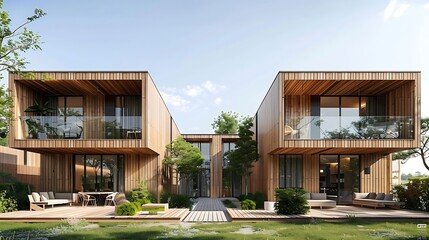 Obraz premium Modern Wooden Duplex with Backyard View.