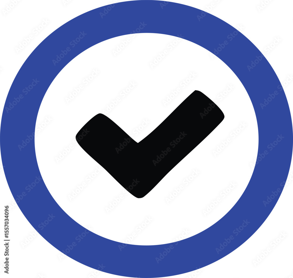 Poster a black checkmark centered in a white circle with a blue border representing approval completion or 