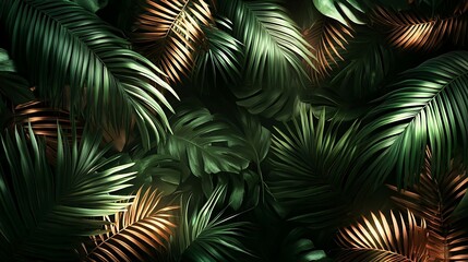 Tropical leaves with golden accents, and dark.