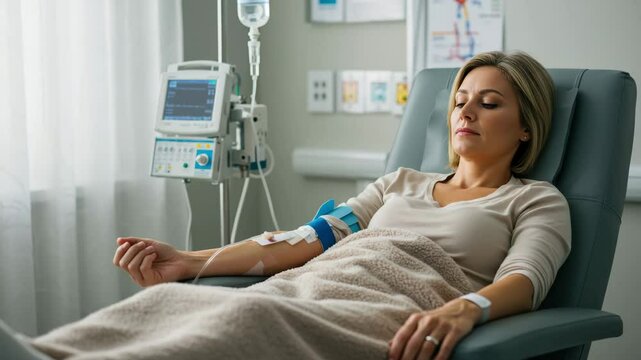 Woman receiving chemotherapy in hospital, cancer treatment and support