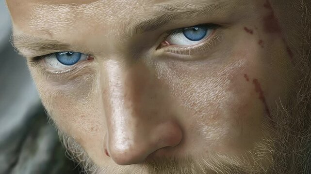 Intense Viking Portrait with Blue Eyes and Battle Scars