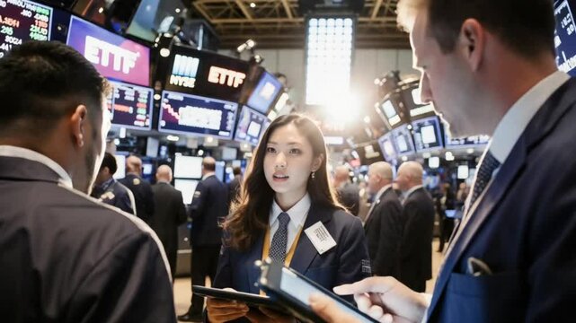 Business professionals collaborating on a bustling trading floor - Traders in discussion on the trading floor
