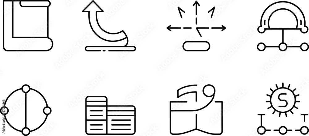 Poster a set of eight different simple line art icons arranged in a grid pattern view