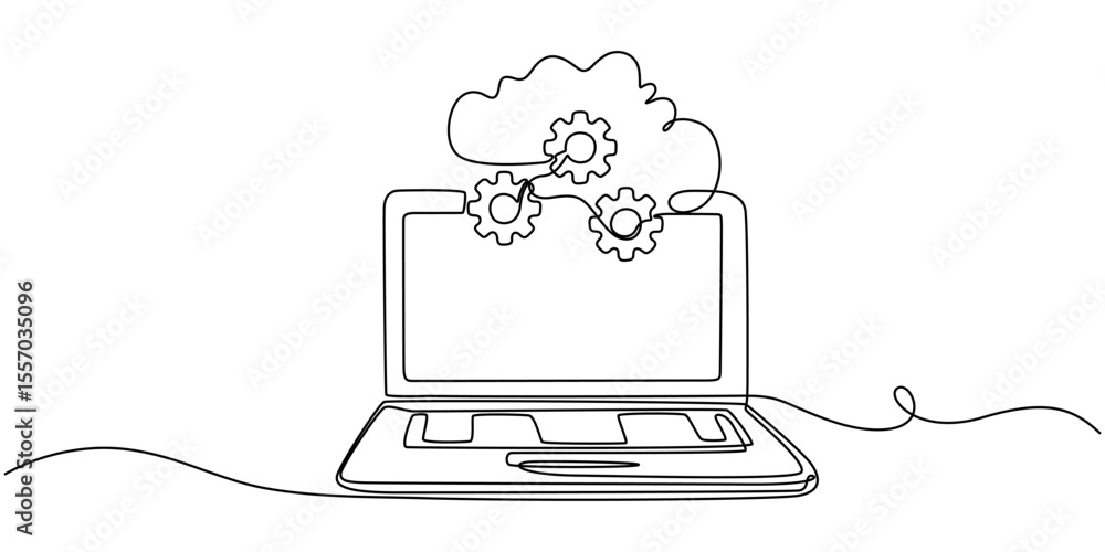 Wall mural laptop computer with cloud icon, digital technologies. continuous one line drawing of exchange of in