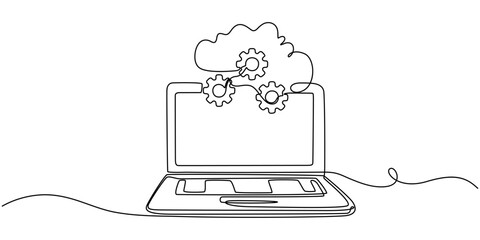 Laptop computer with cloud icon, Digital technologies. Continuous One  line drawing of Exchange of information between the laptop and the cloud. A laptop glow downloads files into the cloud storage.