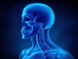 Anatomical blueprint of the human skull illuminated in vivid blue tones revealing intricate skeletal structure and neurological pathways in a striking visual representation of human anatomy