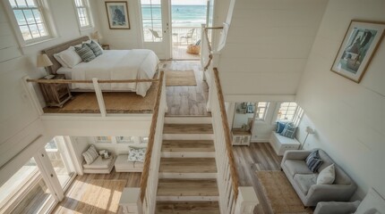 Obraz premium Beach house loft bedroom with rope railings and ocean deck access