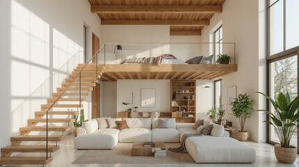 Modern Scandinavian loft apartment with wooden beams and minimalist furniture