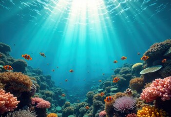 Naklejka premium vibrant coral reef underwater paradise exotic fish colorful marine life, machine, tropical, sea, aquatic, habitat, anemone, octopus, starfish, sand, seaweed