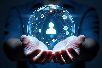 Hands holding a glowing digital sphere with a user icon at the center of a connected network, illustrating modern HR and CRM technology concepts