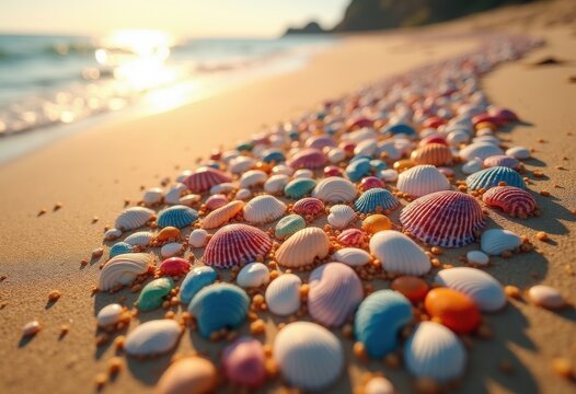vibrant seashell mosaic sandy beach colorful nature pattern texture art, tiles, coastal, driftwood, craft, marine, gemstone, tropical, vacation, symmetry, light