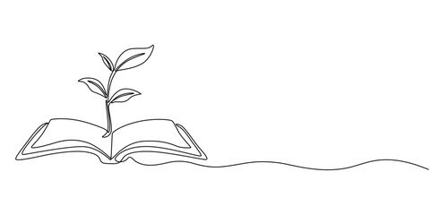 Opened book with sprout plant continuous one line drawing, Opened book with sprout plant in one continuous line drawing . Education study and knowledge concept in simple linear style. Growing wisdom