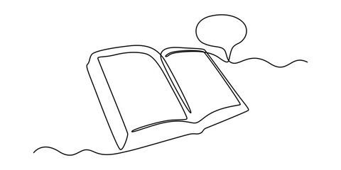 Continuous one line drawing open book with bubble for text. Vector illustration on white background, Continuous one line drawing of open book and speech bubble. Trendy line art vector on a white.