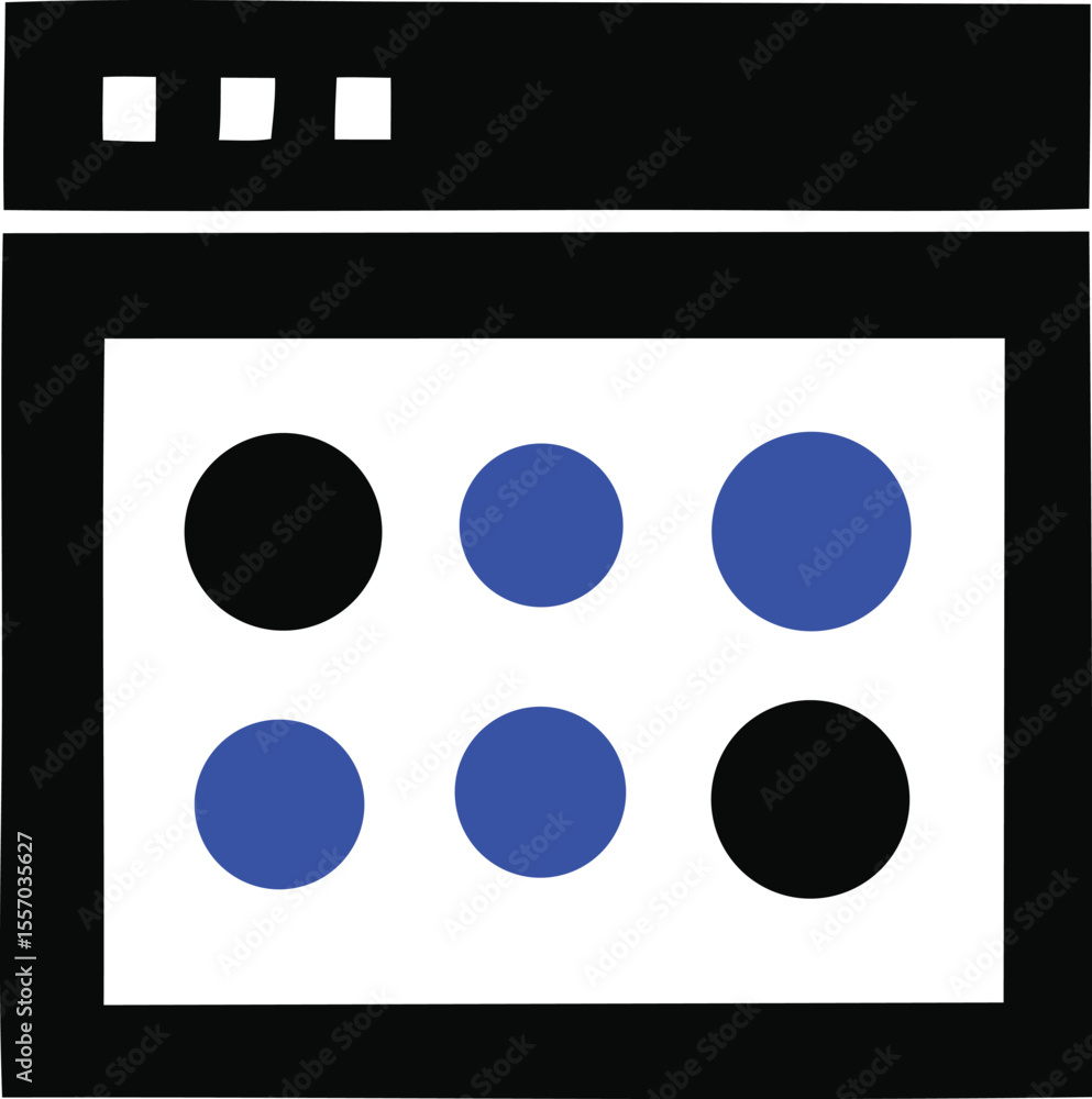 Poster abstract window interface with blue and black circles on white background featuring a black frame an