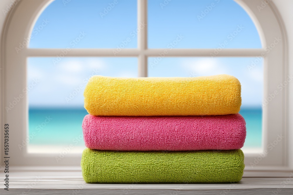 Poster brightly colored fluffy towels stacked neatly against a window showcasing a serene beach view embody