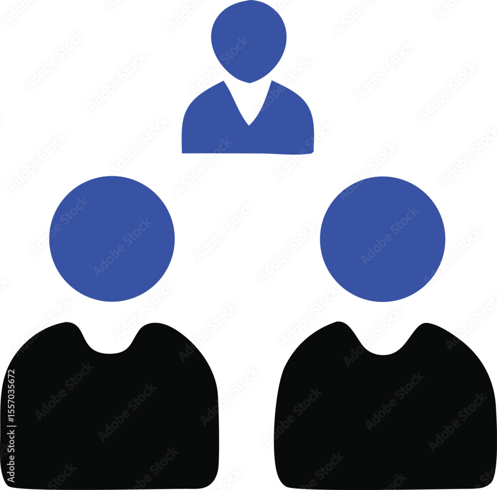 Poster hierarchical team structure depicted with blue and black figures on a white background representing 