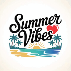 Obraz premium Summer Vibes with Heart and Palm Dreams on Crisp White Canvas, Summer Vibes T-shirt Vector Typography Design