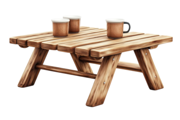 Rustic picnic table and brown mugs wood texture details coffee break outdoors camping gear on transparent background