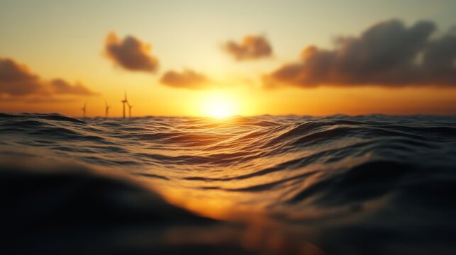 wind farm at sea with offshore turbines, sunset over the ocean, sustainable energy production, minimal waves,