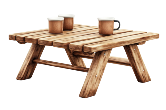 Rustic picnic table and brown mugs wood texture details coffee break outdoors camping gear on transparent background
