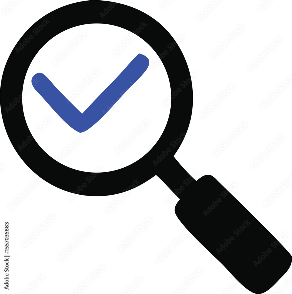 Poster magnifying glass with blue check mark symbolizing verification approval and confirmation in search i