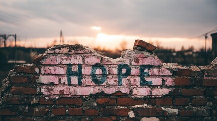 and keyword list based on the image, adhering to your specifications

 "Hope" Text Painted on Old Brick Wall in Outdoor Setting at Sunset/Sunrise